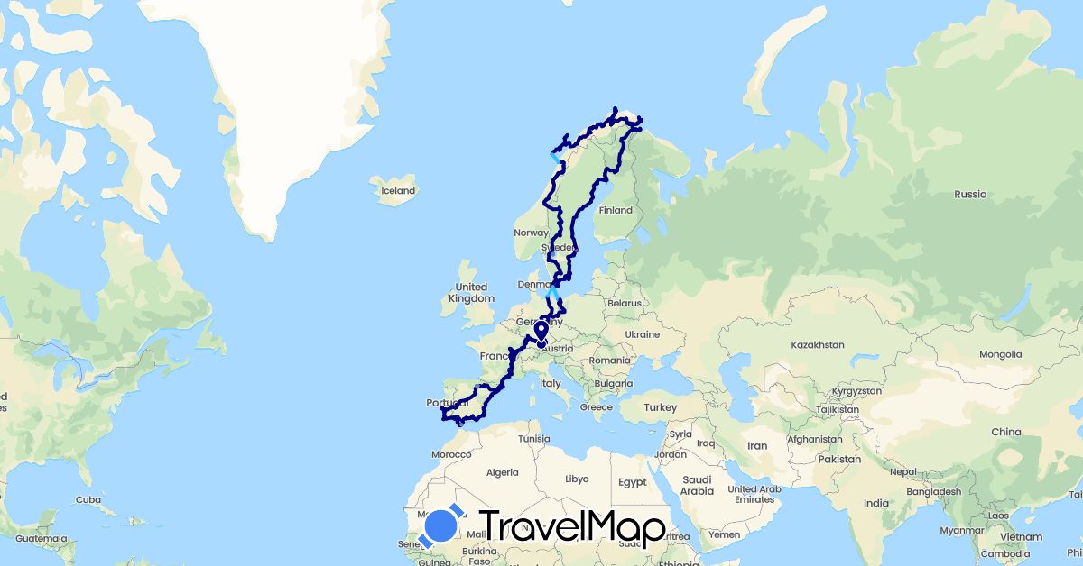 TravelMap itinerary: driving, cycling, train, hiking, boat in Germany, Spain, France, Norway, Sweden (Europe)